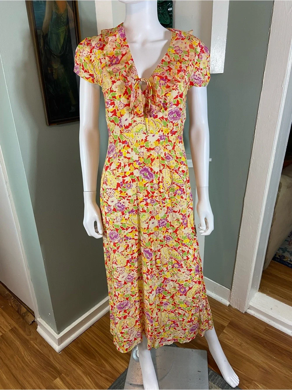 RIXO Jenna Red Summer Meadow Yellow Floral Maxi/Midi Dress Ruffle Sz 2